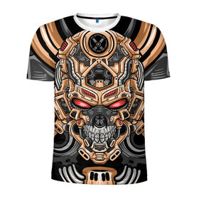 Мужская футболка 3D спортивная с принтом CyberSkull в Екатеринбурге, 100% полиэстер с улучшенными характеристиками | приталенный силуэт, круглая горловина, широкие плечи, сужается к линии бедра | Тематика изображения на принте: cyberpunk | evil | head | mask | mechanical | rage | robot | skull | арт | гнев | голова | демон | дьявол | злой | киберпанк | маска | механический | монстр | робот | рога | самурай | череп