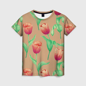Женская футболка 3D с принтом Тюльпаны на бежевом фоне в Екатеринбурге, 100% полиэфир ( синтетическое хлопкоподобное полотно) | прямой крой, круглый вырез горловины, длина до линии бедер | 8 марта | flowers | march 8 | spring | ботаническая иллюстрация | весна | день рождения | зеленый | красный | лето | любовь | оранжевый | праздник | принт | природа | растения | тюльпаны | цветы