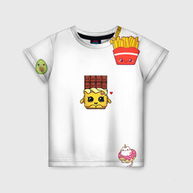 Детская футболка 3D с принтом Милая еда в Екатеринбурге, 100% гипоаллергенный полиэфир | прямой крой, круглый вырез горловины, длина до линии бедер, чуть спущенное плечо, ткань немного тянется | авокадо | еда | единорог | картошка | милашки | шоколадка