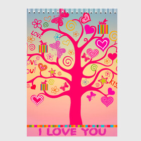 Скетчбук с принтом Дерево любви признание в Екатеринбурге, 100% бумага
 | 48 листов, плотность листов — 100 г/м2, плотность картонной обложки — 250 г/м2. Листы скреплены сверху удобной пружинной спиралью | бабочки | дерево | деревце | любовь | признание | розовый | романтика | сердечки | цветочки