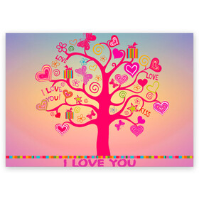 Поздравительная открытка с принтом Дерево любви признание в Екатеринбурге, 100% бумага | плотность бумаги 280 г/м2, матовая, на обратной стороне линовка и место для марки
 | бабочки | дерево | деревце | любовь | признание | розовый | романтика | сердечки | цветочки