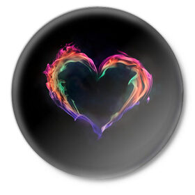 Значок с принтом пламенное сердце на черном в Екатеринбурге,  металл | круглая форма, металлическая застежка в виде булавки | любовь | огонь | пламя | пылает | радужный огонь | сердечко | сердце | темный фон | чувства