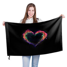 Флаг 3D с принтом пламенное сердце на черном в Екатеринбурге, 100% полиэстер | плотность ткани — 95 г/м2, размер — 67 х 109 см. Принт наносится с одной стороны | любовь | огонь | пламя | пылает | радужный огонь | сердечко | сердце | темный фон | чувства