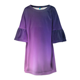 Детское платье 3D с принтом северное сияние фиолетовый в Екатеринбурге, 100% полиэстер | прямой силуэт, чуть расширенный к низу. Круглая горловина, на рукавах — воланы | Тематика изображения на принте: градиент | звезды | космос | небо | ночь | природа | пурпурный | север | северное сияние | сиреневый | фиолетовый