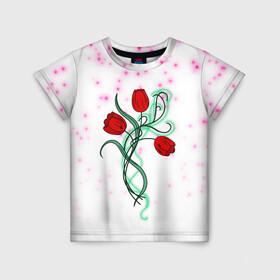 Детская футболка 3D с принтом Весенний вальс в Екатеринбурге, 100% гипоаллергенный полиэфир | прямой крой, круглый вырез горловины, длина до линии бедер, чуть спущенное плечо, ткань немного тянется | 8 марта | love | tulips | алые | бабушка | букет | бутоны | весна | девушке | дочь | жена | женщинам | красные цветы | лепестки | лето | листья | лучшая | любимая | любовь | мама | подарок | природа