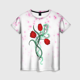 Женская футболка 3D с принтом Весенний вальс в Екатеринбурге, 100% полиэфир ( синтетическое хлопкоподобное полотно) | прямой крой, круглый вырез горловины, длина до линии бедер | 8 марта | love | tulips | алые | бабушка | букет | бутоны | весна | девушке | дочь | жена | женщинам | красные цветы | лепестки | лето | листья | лучшая | любимая | любовь | мама | подарок | природа