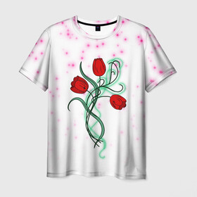 Мужская футболка 3D с принтом Весенний вальс в Екатеринбурге, 100% полиэфир | прямой крой, круглый вырез горловины, длина до линии бедер | 8 марта | love | tulips | алые | бабушка | букет | бутоны | весна | девушке | дочь | жена | женщинам | красные цветы | лепестки | лето | листья | лучшая | любимая | любовь | мама | подарок | природа
