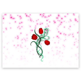Поздравительная открытка с принтом Весенний вальс в Екатеринбурге, 100% бумага | плотность бумаги 280 г/м2, матовая, на обратной стороне линовка и место для марки
 | 8 марта | love | tulips | алые | бабушка | букет | бутоны | весна | девушке | дочь | жена | женщинам | красные цветы | лепестки | лето | листья | лучшая | любимая | любовь | мама | подарок | природа
