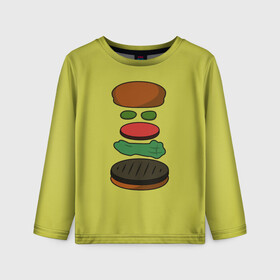 Детский лонгслив 3D с принтом Бургер в разборе в Екатеринбурге, 100% полиэстер | длинные рукава, круглый вырез горловины, полуприлегающий силуэт
 | Тематика изображения на принте: fastfood | food | pattern | бургер | бургер кинг | гамбургер | еда | макдональдс | паттерн | фастфуд