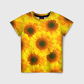 Детская футболка 3D с принтом Принт подсолнухи желтый в Екатеринбурге, 100% гипоаллергенный полиэфир | прямой крой, круглый вырез горловины, длина до линии бедер, чуть спущенное плечо, ткань немного тянется | желтый | лето | подсолнухи | солнце | цветение | цветы