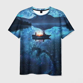 Мужская футболка 3D с принтом пара на лодке на озере ночью в Екатеринбурге, 100% полиэфир | прямой крой, круглый вырез горловины, длина до линии бедер | аниме | вдвоем | вместе | горы | двое | звезды | лодка | небо | ночь | озеро | пара | прогулка | река | рисунок | романтика | свидание