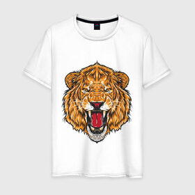 Мужская футболка хлопок с принтом Голова льва в Екатеринбурге, 100% хлопок | прямой крой, круглый вырез горловины, длина до линии бедер, слегка спущенное плечо. | head | lion | predator | голова | лев | хищник