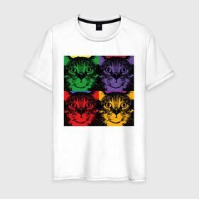 Мужская футболка хлопок с принтом Коты в Екатеринбурге, 100% хлопок | прямой крой, круглый вырез горловины, длина до линии бедер, слегка спущенное плечо. | cat | popcat | кот | котик | кошка | кошки | разноцветные коты | смешные коты
