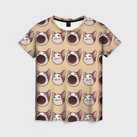 Женская футболка 3D с принтом поп кэт в Екатеринбурге, 100% полиэфир ( синтетическое хлопкоподобное полотно) | прямой крой, круглый вырез горловины, длина до линии бедер | popping cat | кот | мем
