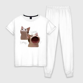 Женская пижама хлопок с принтом Cat Pop - Мем в Екатеринбурге, 100% хлопок | брюки и футболка прямого кроя, без карманов, на брюках мягкая резинка на поясе и по низу штанин | art | cat | mem | meme | memes | music | pop | retro | style | арт | буп | кот | котенок | котик | котэ | мем | мемы | музыка | ретро