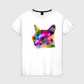 Женская футболка хлопок с принтом Pop Cat в Екатеринбурге, 100% хлопок | прямой крой, круглый вырез горловины, длина до линии бедер, слегка спущенное плечо | art | cat | colorful | mem | meme | memes | music | pop | rainbow | retro | style | арт | буп | кот | котенок | котик | котэ | краски | красочный | мем | мемы | музыка | ретро