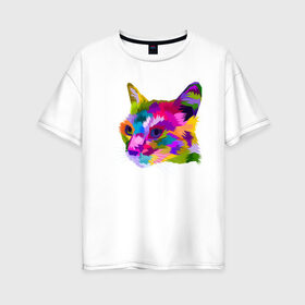 Женская футболка хлопок Oversize с принтом Pop Cat в Екатеринбурге, 100% хлопок | свободный крой, круглый ворот, спущенный рукав, длина до линии бедер
 | art | cat | colorful | mem | meme | memes | music | pop | rainbow | retro | style | арт | буп | кот | котенок | котик | котэ | краски | красочный | мем | мемы | музыка | ретро