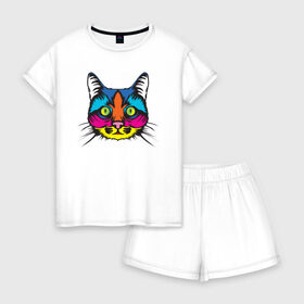 Женская пижама с шортиками хлопок с принтом Pop Cat в Екатеринбурге, 100% хлопок | футболка прямого кроя, шорты свободные с широкой мягкой резинкой | art | cat | colorful | mem | meme | memes | music | pop | rainbow | retro | style | арт | буп | кот | котенок | котик | котэ | краски | красочный | мем | мемы | музыка | ретро