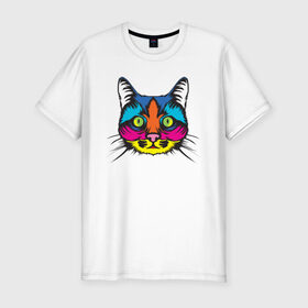 Мужская футболка хлопок Slim с принтом Pop Cat в Екатеринбурге, 92% хлопок, 8% лайкра | приталенный силуэт, круглый вырез ворота, длина до линии бедра, короткий рукав | Тематика изображения на принте: art | cat | colorful | mem | meme | memes | music | pop | rainbow | retro | style | арт | буп | кот | котенок | котик | котэ | краски | красочный | мем | мемы | музыка | ретро