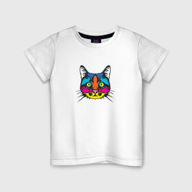 Детская футболка хлопок с принтом Pop art Cat в Екатеринбурге, 100% хлопок | круглый вырез горловины, полуприлегающий силуэт, длина до линии бедер | Тематика изображения на принте: art | cat | colors | paints | pop | riot | арт | буйство | буп | кот | кошка | краски | поп