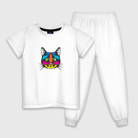 Детская пижама хлопок с принтом Pop art Cat в Екатеринбурге, 100% хлопок |  брюки и футболка прямого кроя, без карманов, на брюках мягкая резинка на поясе и по низу штанин
 | Тематика изображения на принте: art | cat | colors | paints | pop | riot | арт | буйство | буп | кот | кошка | краски | поп