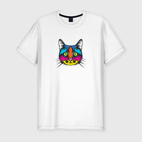 Мужская футболка хлопок Slim с принтом Pop art Cat в Екатеринбурге, 92% хлопок, 8% лайкра | приталенный силуэт, круглый вырез ворота, длина до линии бедра, короткий рукав | Тематика изображения на принте: art | cat | colors | paints | pop | riot | арт | буйство | буп | кот | кошка | краски | поп