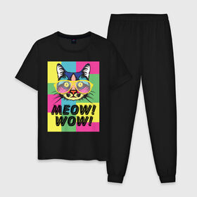 Мужская пижама хлопок с принтом Pop Cat | Meow Wow! в Екатеринбурге, 100% хлопок | брюки и футболка прямого кроя, без карманов, на брюках мягкая резинка на поясе и по низу штанин
 | Тематика изображения на принте: cat | kitty | meow | popcat | wow | кот | кошка | мяв | мяу | поп кет | поп кошка