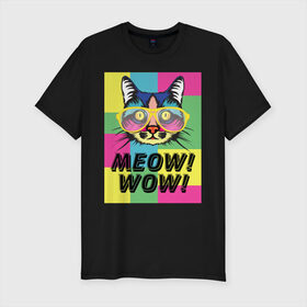 Мужская футболка хлопок Slim с принтом Pop Cat | Meow Wow! в Екатеринбурге, 92% хлопок, 8% лайкра | приталенный силуэт, круглый вырез ворота, длина до линии бедра, короткий рукав | cat | kitty | meow | popcat | wow | кот | кошка | мяв | мяу | поп кет | поп кошка