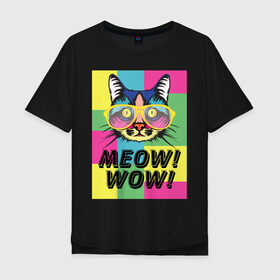 Мужская футболка хлопок Oversize с принтом Pop Cat | Meow Wow! в Екатеринбурге, 100% хлопок | свободный крой, круглый ворот, “спинка” длиннее передней части | cat | kitty | meow | popcat | wow | кот | кошка | мяв | мяу | поп кет | поп кошка