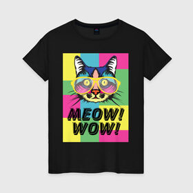 Женская футболка хлопок с принтом Pop Cat | Meow Wow! в Екатеринбурге, 100% хлопок | прямой крой, круглый вырез горловины, длина до линии бедер, слегка спущенное плечо | Тематика изображения на принте: cat | kitty | meow | popcat | wow | кот | кошка | мяв | мяу | поп кет | поп кошка