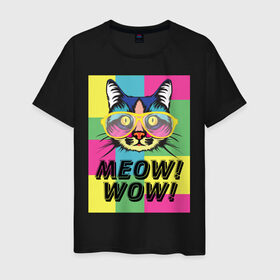 Мужская футболка хлопок с принтом Pop Cat | Meow Wow! в Екатеринбурге, 100% хлопок | прямой крой, круглый вырез горловины, длина до линии бедер, слегка спущенное плечо. | cat | kitty | meow | popcat | wow | кот | кошка | мяв | мяу | поп кет | поп кошка