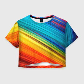 Женская футболка Crop-top 3D с принтом цветной мех диагональ в Екатеринбурге, 100% полиэстер | круглая горловина, длина футболки до линии талии, рукава с отворотами | волокна | геометрия | диагональ | краски | мех | полоски | полосы | радуга | текстура | цвета | яркий