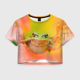 Женская футболка Crop-top 3D с принтом лягушка в цветке мило в Екатеринбурге, 100% полиэстер | круглая горловина, длина футболки до линии талии, рукава с отворотами | жаба | жабка | земноводное | ква | квакуха | лягушенок | лягушка | макро | мило | природа | пыльца | цветок