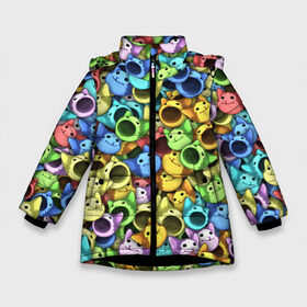 Зимняя куртка для девочек 3D с принтом Цветные Поп Котики в Екатеринбурге, ткань верха — 100% полиэстер; подклад — 100% полиэстер, утеплитель — 100% полиэстер. | длина ниже бедра, удлиненная спинка, воротник стойка и отстегивающийся капюшон. Есть боковые карманы с листочкой на кнопках, утяжки по низу изделия и внутренний карман на молнии. 

Предусмотрены светоотражающий принт на спинке, радужный светоотражающий элемент на пуллере молнии и на резинке для утяжки. | Тематика изображения на принте: cat | pop | popping | wide mouthed | кот | котёнок | котик | кошка | паттерн | радуга | рот