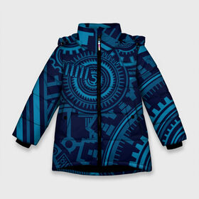 Зимняя куртка для девочек 3D с принтом Steampunk Mechanic Blue в Екатеринбурге, ткань верха — 100% полиэстер; подклад — 100% полиэстер, утеплитель — 100% полиэстер. | длина ниже бедра, удлиненная спинка, воротник стойка и отстегивающийся капюшон. Есть боковые карманы с листочкой на кнопках, утяжки по низу изделия и внутренний карман на молнии. 

Предусмотрены светоотражающий принт на спинке, радужный светоотражающий элемент на пуллере молнии и на резинке для утяжки. | Тематика изображения на принте: gears | mechanics | mechanism | steampunk | механизм | механика | стимпанк | шестеренки