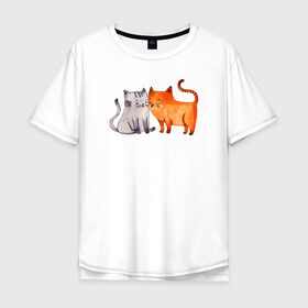 Мужская футболка хлопок Oversize с принтом Парочка в Екатеринбурге, 100% хлопок | свободный крой, круглый ворот, “спинка” длиннее передней части | влюбленные | котики | кошки | любовь | полосатый