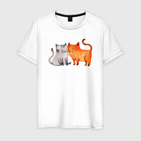 Мужская футболка хлопок с принтом Парочка в Екатеринбурге, 100% хлопок | прямой крой, круглый вырез горловины, длина до линии бедер, слегка спущенное плечо. | влюбленные | котики | кошки | любовь | полосатый