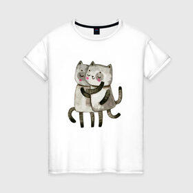 Женская футболка хлопок с принтом Парочка в Екатеринбурге, 100% хлопок | прямой крой, круглый вырез горловины, длина до линии бедер, слегка спущенное плечо | влюбленные | котики | кошки | любовь | полосатый