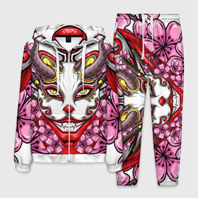 Мужской костюм 3D с принтом Японский демон в Екатеринбурге, 100% полиэстер | Манжеты и пояс оформлены тканевой резинкой, двухслойный капюшон со шнурком для регулировки, карманы спереди | Тематика изображения на принте: demon | fox | japanese | mask | арт | голова | демон | маска | монстр | рисунок | рога | цветы | японский