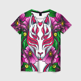 Женская футболка 3D с принтом Японский демон в Екатеринбурге, 100% полиэфир ( синтетическое хлопкоподобное полотно) | прямой крой, круглый вырез горловины, длина до линии бедер | demon | fox | japanese | mask | арт | голова | демон | маска | монстр | рисунок | цветы | японский