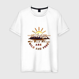 Мужская футболка хлопок с принтом Солнце и горы в Екатеринбурге, 100% хлопок | прямой крой, круглый вырез горловины, длина до линии бедер, слегка спущенное плечо. | горы | лето | отдых | путешествия | солнце | туризм