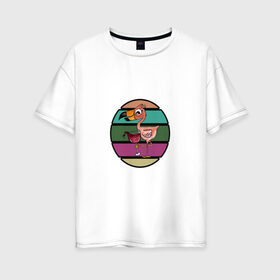 Женская футболка хлопок Oversize с принтом Пьющий фламинго в Екатеринбурге, 100% хлопок | свободный крой, круглый ворот, спущенный рукав, длина до линии бедер
 | Тематика изображения на принте: пернатые | пить сок | птица | розовые перья | фламинго