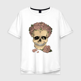 Мужская футболка хлопок Oversize с принтом Skull Roses в Екатеринбурге, 100% хлопок | свободный крой, круглый ворот, “спинка” длиннее передней части | art | body | bones | dead | drawing | face | graffiti | head | roses | skeleton | skul | skull | ад | арт | голова | граффити | зло | кости | лицо | металл | нарисованный | розы | рок | скелет | скул | скулл | три черепа | тьма