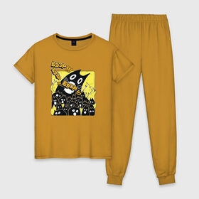Женская пижама хлопок с принтом Pop Cat в Екатеринбурге, 100% хлопок | брюки и футболка прямого кроя, без карманов, на брюках мягкая резинка на поясе и по низу штанин | pop cat | wide mouthed popping cat | арты | буп | мемы