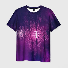 Мужская футболка 3D с принтом стекло дождь фиолетовый в Екатеринбурге, 100% полиэфир | прямой крой, круглый вырез горловины, длина до линии бедер | влажный | дождь | запотевшее | капли | лиловый | магия | мистика | мокрый | ночь | потеки | роса | свет | стекло | текстура | фиолетовый | чернильный