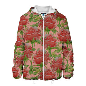 Мужская куртка 3D с принтом Розы на розовом фоне в Екатеринбурге, ткань верха — 100% полиэстер, подклад — флис | прямой крой, подол и капюшон оформлены резинкой с фиксаторами, два кармана без застежек по бокам, один большой потайной карман на груди. Карман на груди застегивается на липучку | 8 марта | flowers | march 8 | spring | ботаническая иллюстрация | весна | день рождения | зеленый | красный | лето | любовь | праздник | принт | природа | растения | розовый | розы | цветы