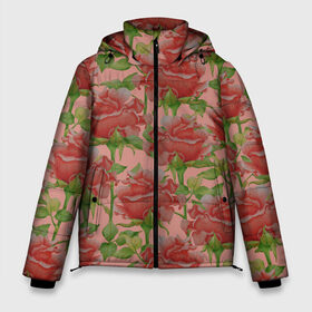 Мужская зимняя куртка 3D с принтом Розы на розовом фоне в Екатеринбурге, верх — 100% полиэстер; подкладка — 100% полиэстер; утеплитель — 100% полиэстер | длина ниже бедра, свободный силуэт Оверсайз. Есть воротник-стойка, отстегивающийся капюшон и ветрозащитная планка. 

Боковые карманы с листочкой на кнопках и внутренний карман на молнии. | Тематика изображения на принте: 8 марта | flowers | march 8 | spring | ботаническая иллюстрация | весна | день рождения | зеленый | красный | лето | любовь | праздник | принт | природа | растения | розовый | розы | цветы