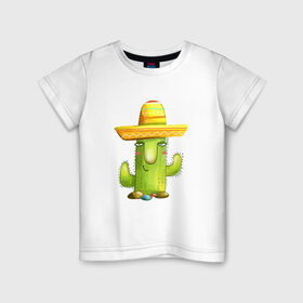 Детская футболка хлопок с принтом Кактус в Екатеринбурге, 100% хлопок | круглый вырез горловины, полуприлегающий силуэт, длина до линии бедер | горшок | кактусик | мексиканец | цветы | шляпа