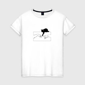 Женская футболка хлопок с принтом Сотворение Адама и котик в Екатеринбурге, 100% хлопок | прямой крой, круглый вырез горловины, длина до линии бедер, слегка спущенное плечо | животные | искусство | картинка | кот | котик | кошка | прикол | сотворение адама