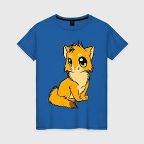 Женская футболка хлопок с принтом Кошка в Екатеринбурге, 100% хлопок | прямой крой, круглый вырез горловины, длина до линии бедер, слегка спущенное плечо | cat | аниме | большие глаза | девушкам | кошка